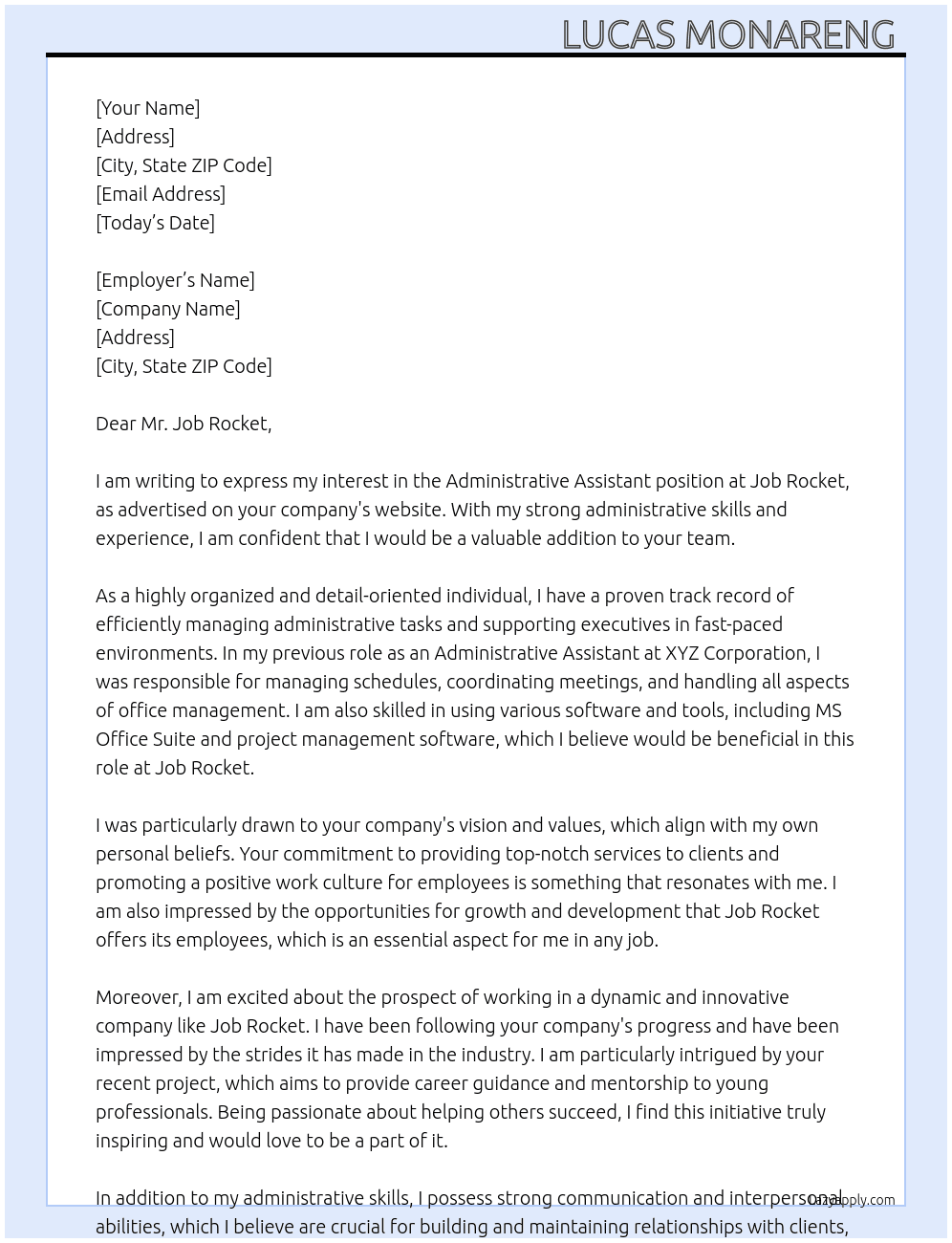 Administrative Assistant At Job Rocket Cover Letter