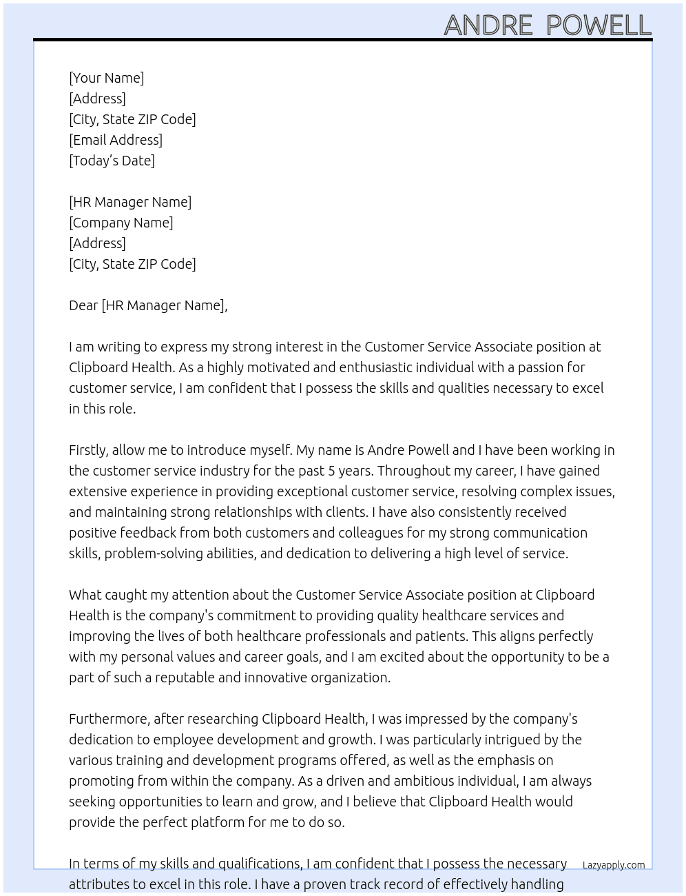Customer Service Associate At Clipboard Health Cover Letter