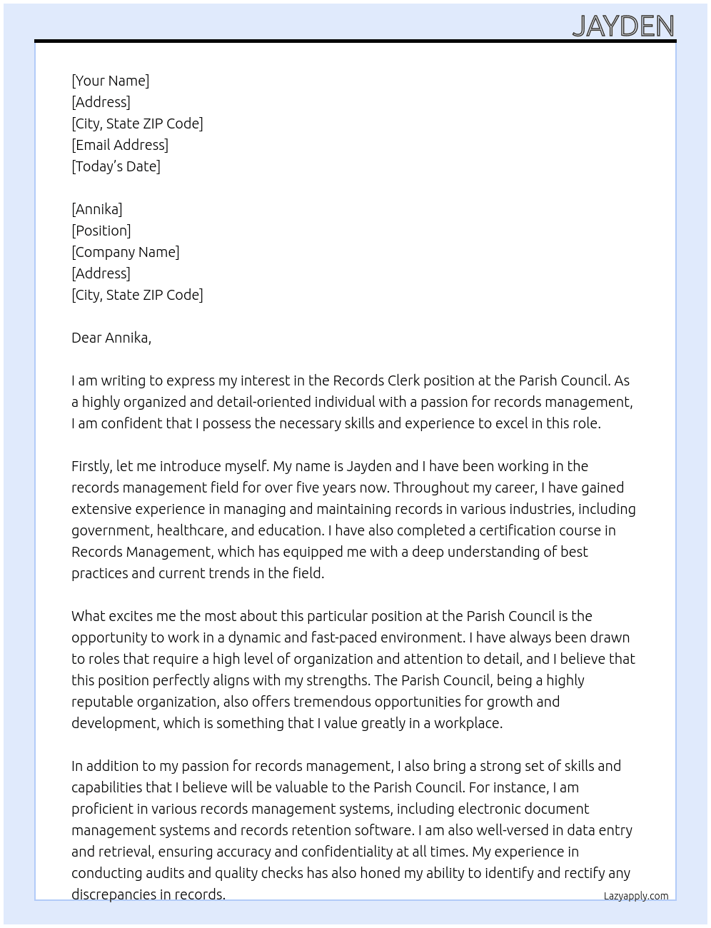 Redcords Clerk At Parish Council Cover Letter