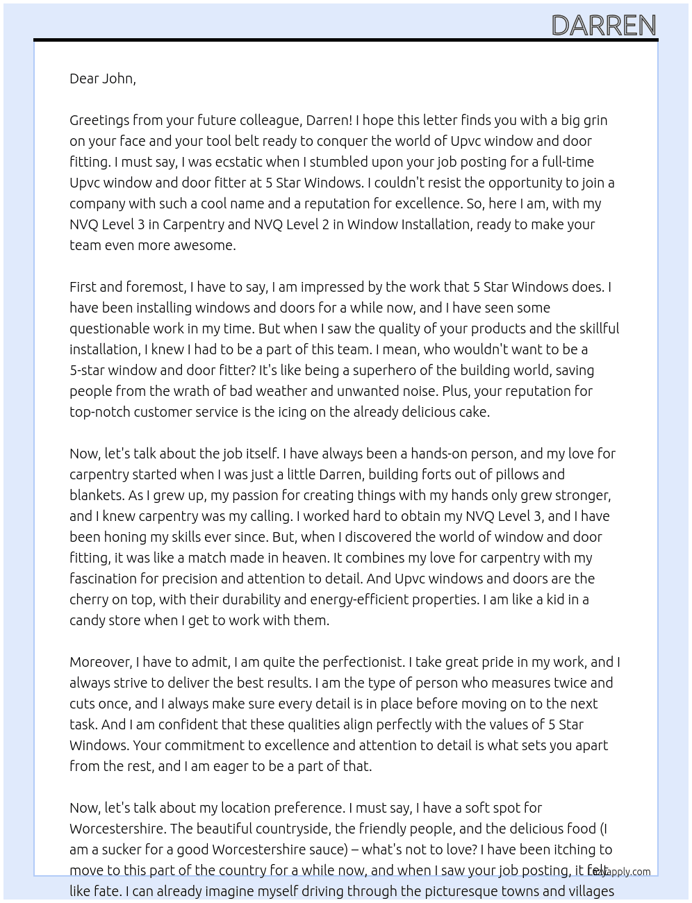 Upvc window and door fitter At 5 star windows Cover Letter