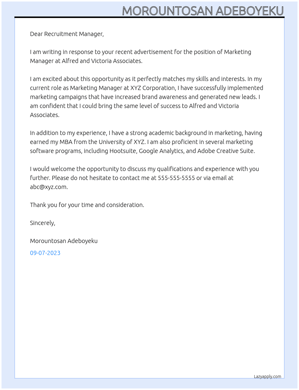 Marketing Manager At Alfred and Victoria Associates Cover Letter