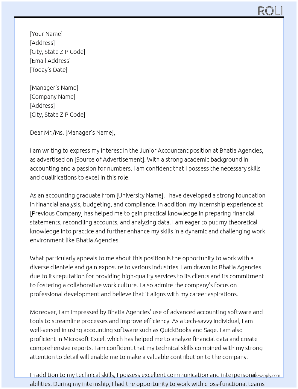 Junior accountant At Bhatia agencies Cover Letter