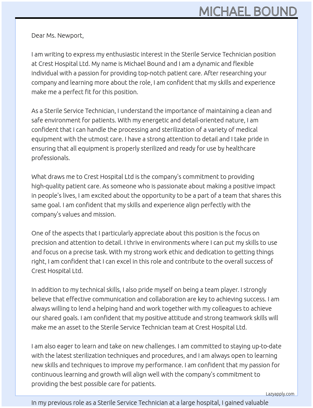 Sterile Service technician At Crest Hospital Ltd  Cover Letter