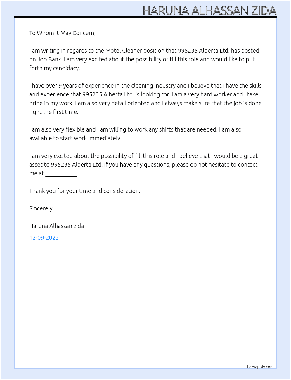 Motel cleaner At  Job Bank #2708463 Cover Letter