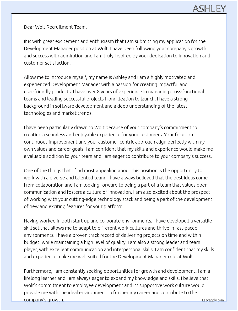 Development manager At Wolt Cover Letter