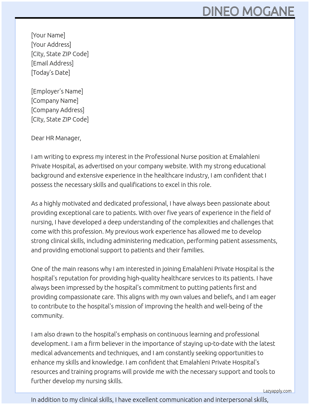 Professional Nurse  At Emalahleni private Hospital  Cover Letter