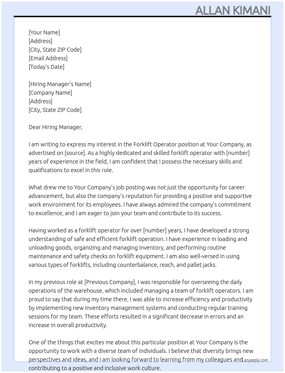 Forklift Operator  At Your company Cover Letter