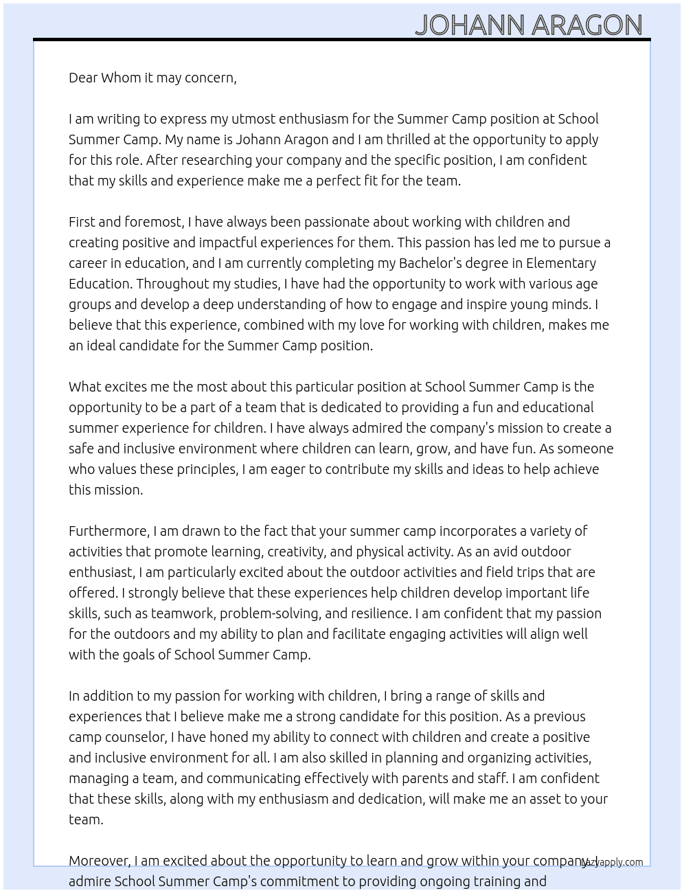 Summer Camp At School Summer camp Cover Letter