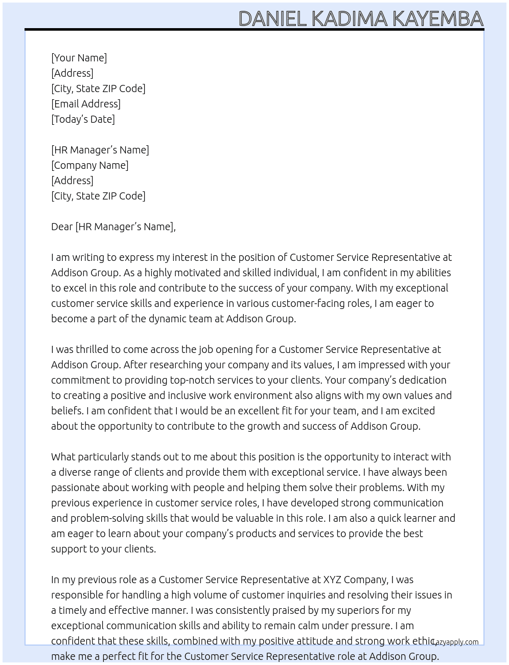 Customer Service Representative At Addison Group  Cover Letter