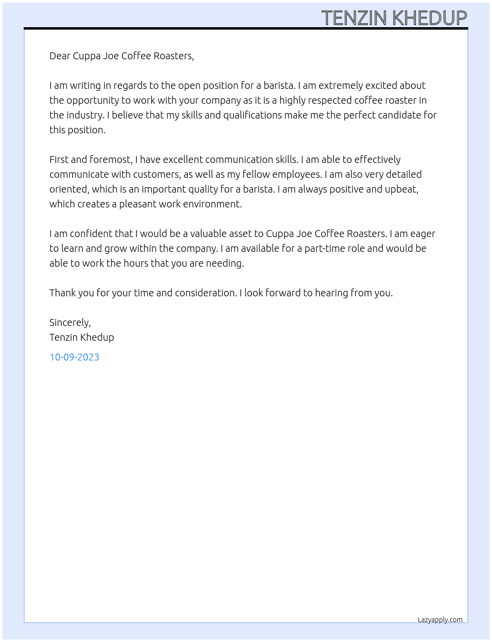 Barista At Cuppa Joe Coffee Roasters Cover Letter