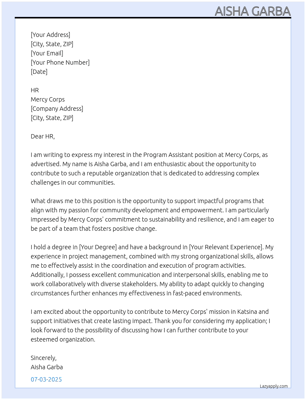 PROGRAM ASSISTANT   At Mercy corp Cover Letter