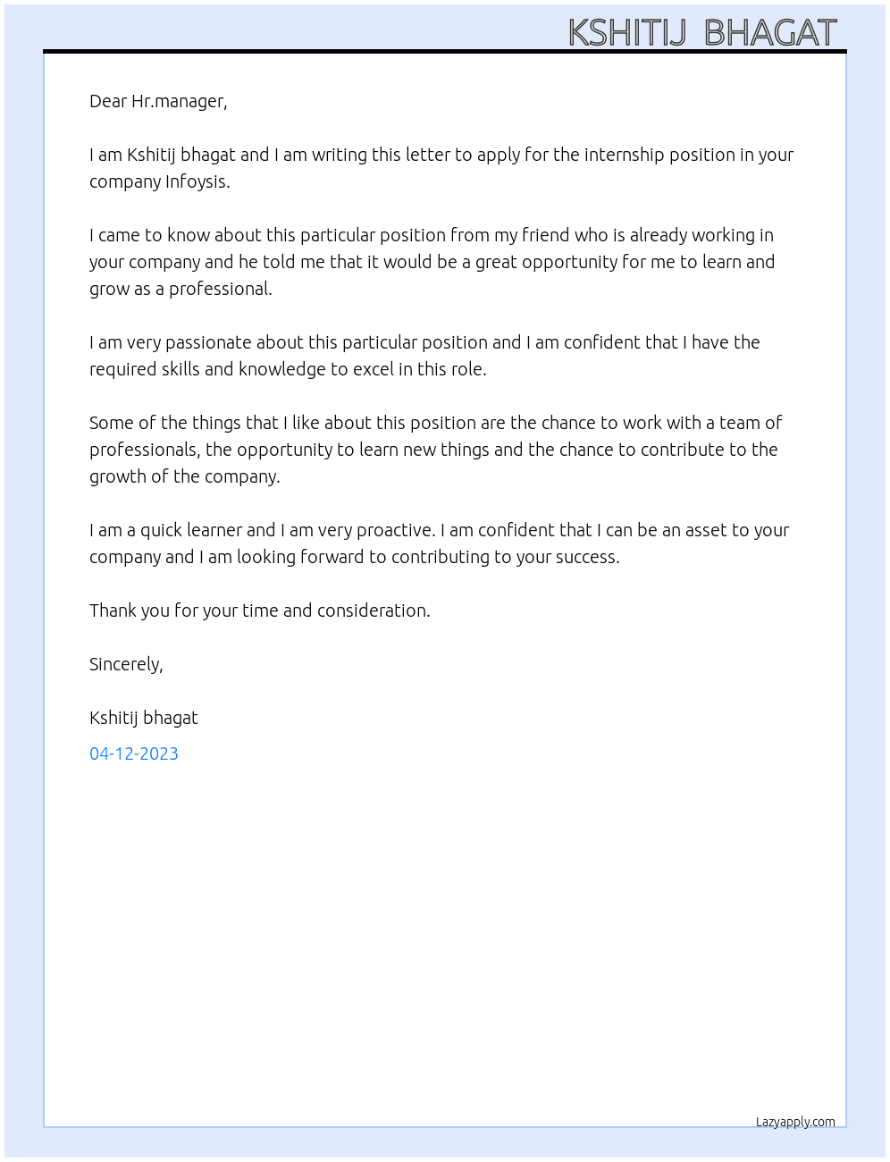 Internship At Infoysis Cover Letter