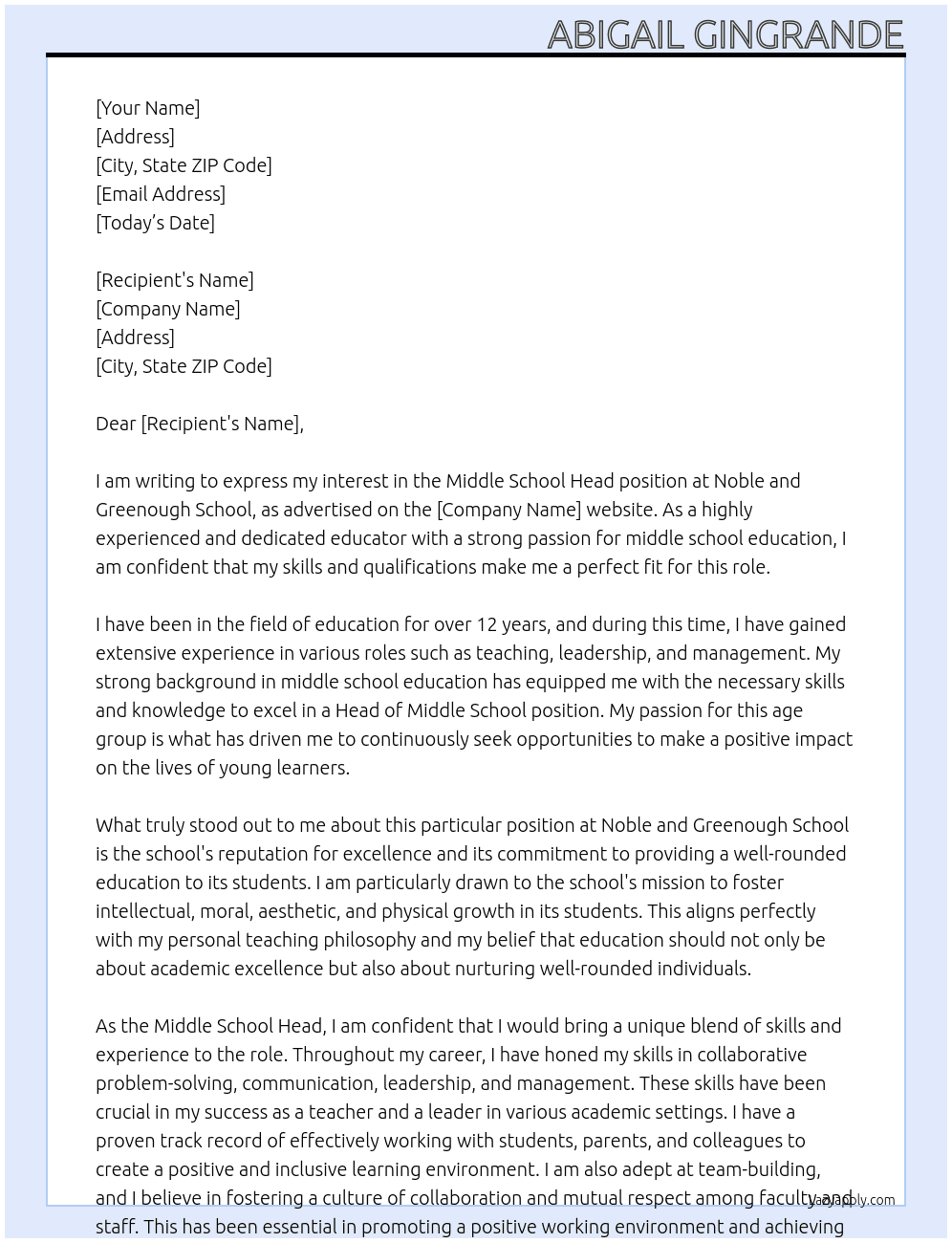 Middle School Head At Noble and Greenough School Cover Letter