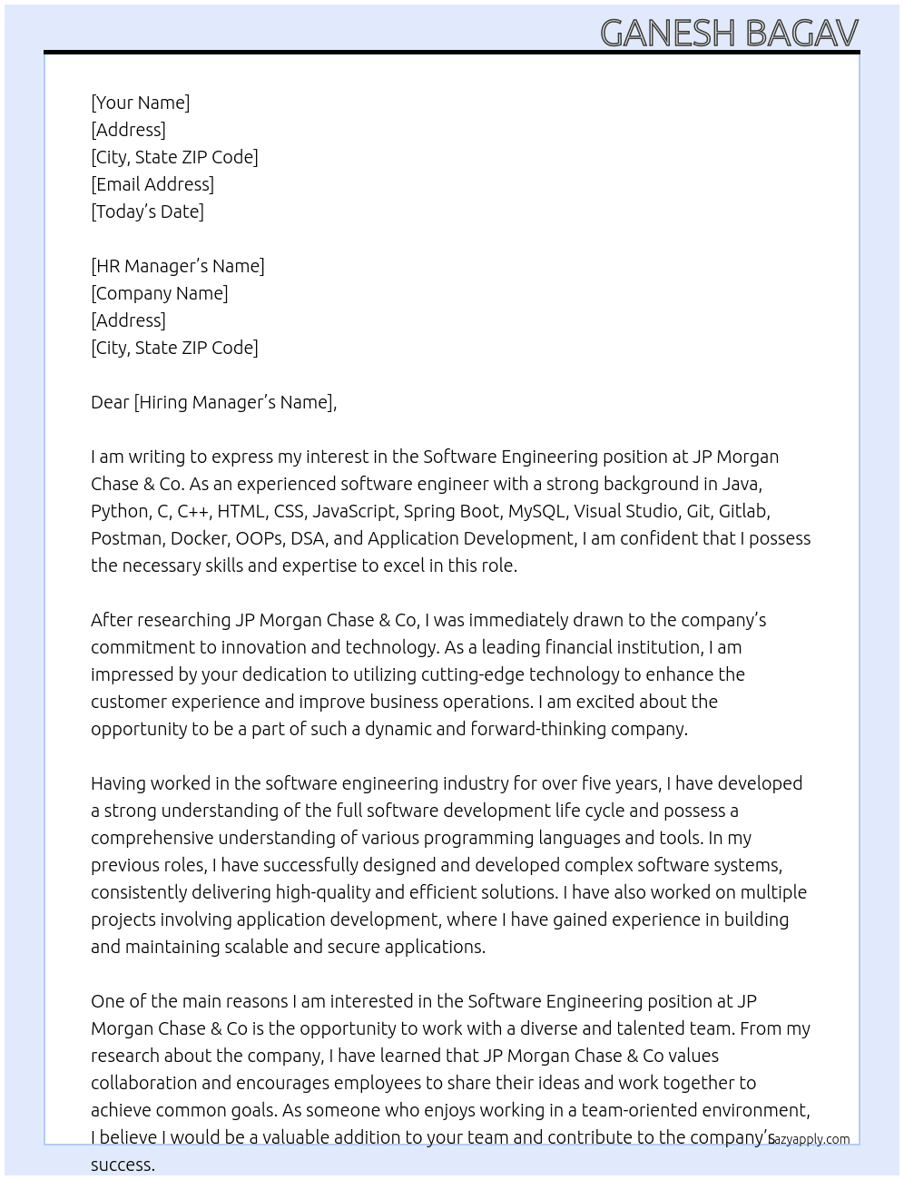 Software Engineering At JP Morgan Chase & Co Cover Letter
