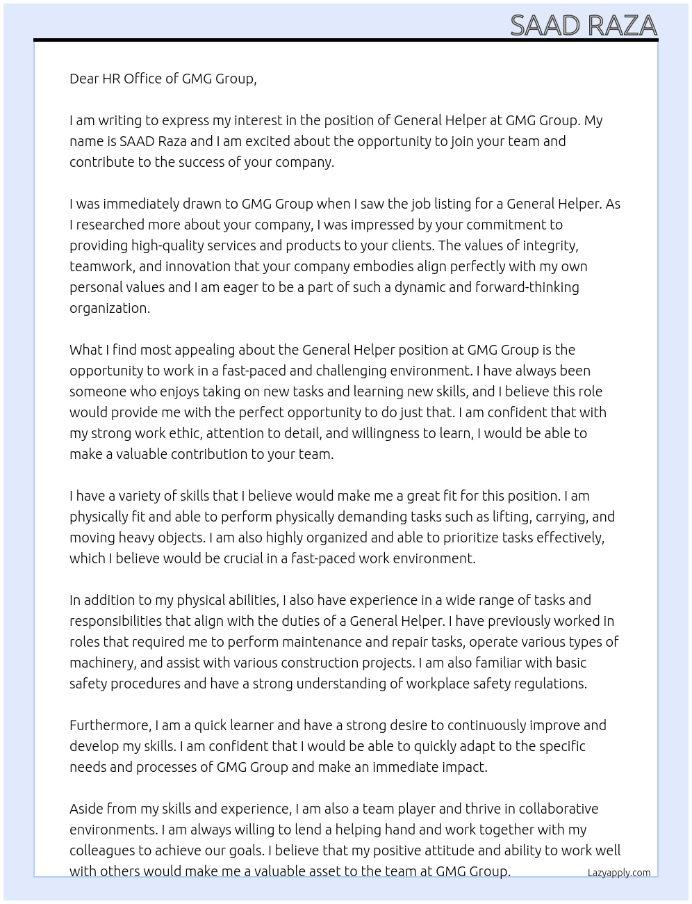 GENRAL HELPER At GMG GROUP Cover Letter