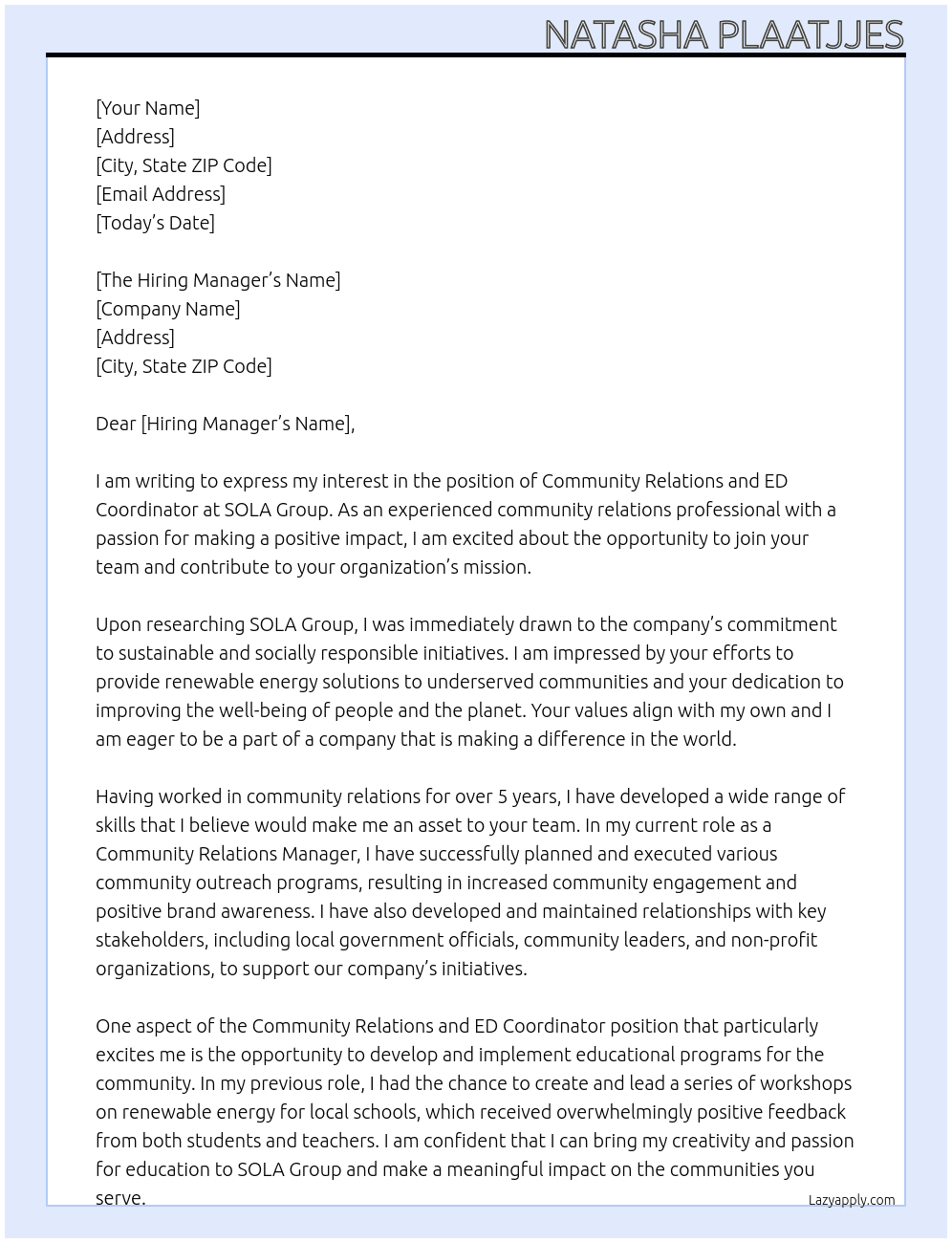 Community Relations and ED Coordinator At SOLA Group Cover Letter