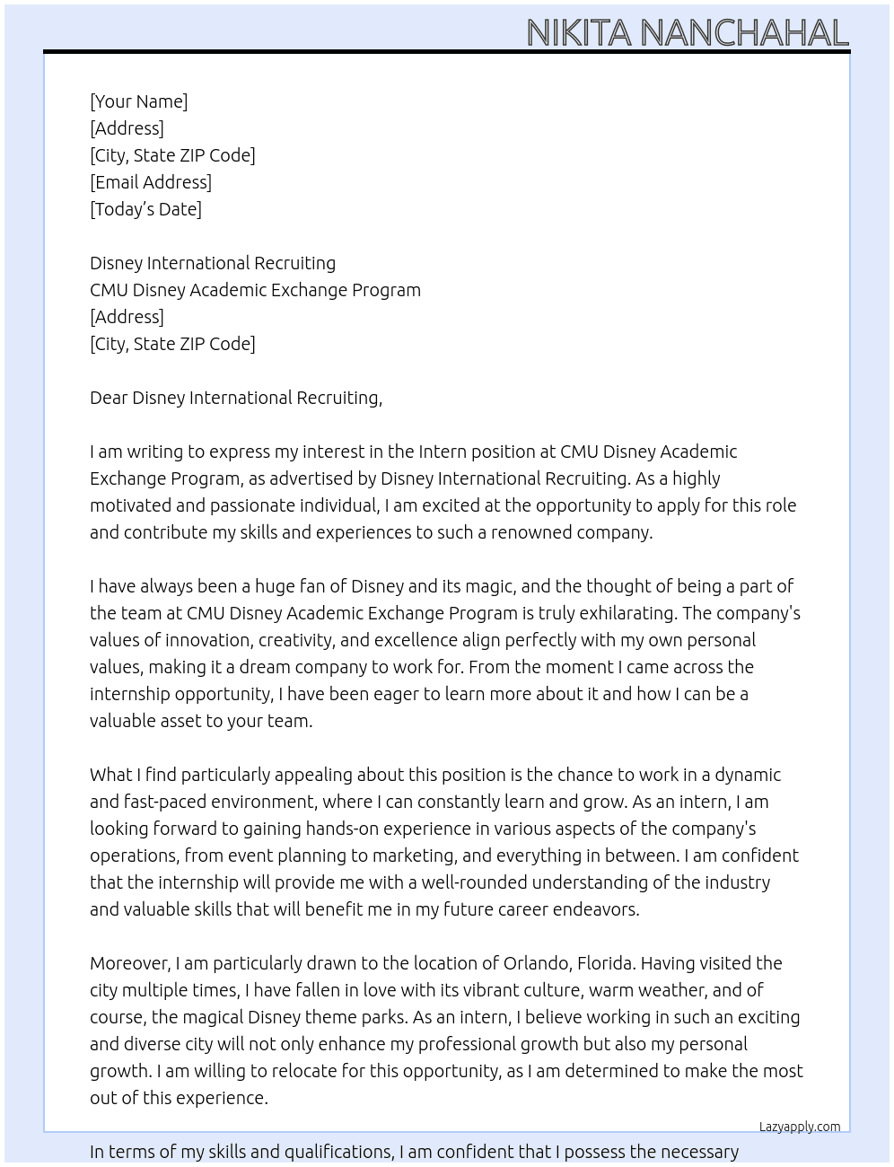 Intern At CMU Disney Academic Exchange Program Cover Letter