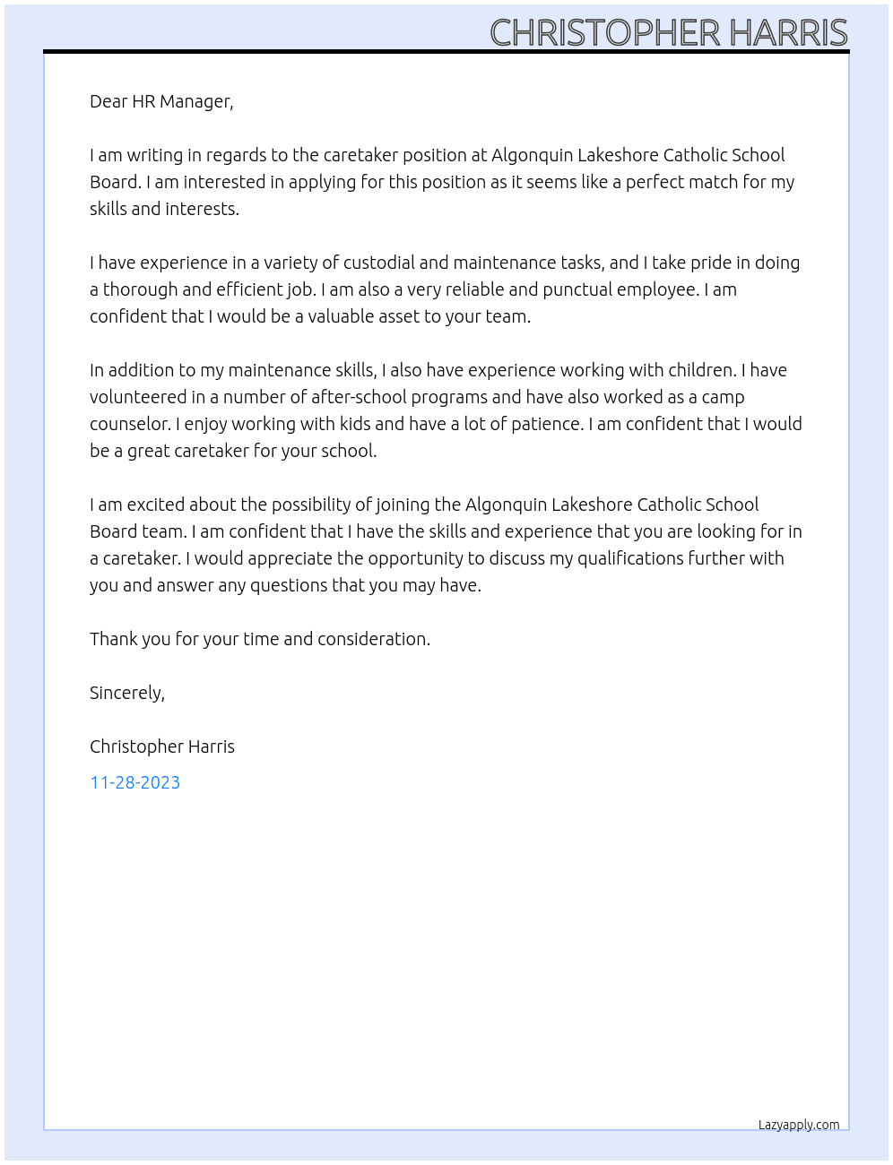 Caretaker At Algonquin Lakeshore Carholic School Board Cover Letter
