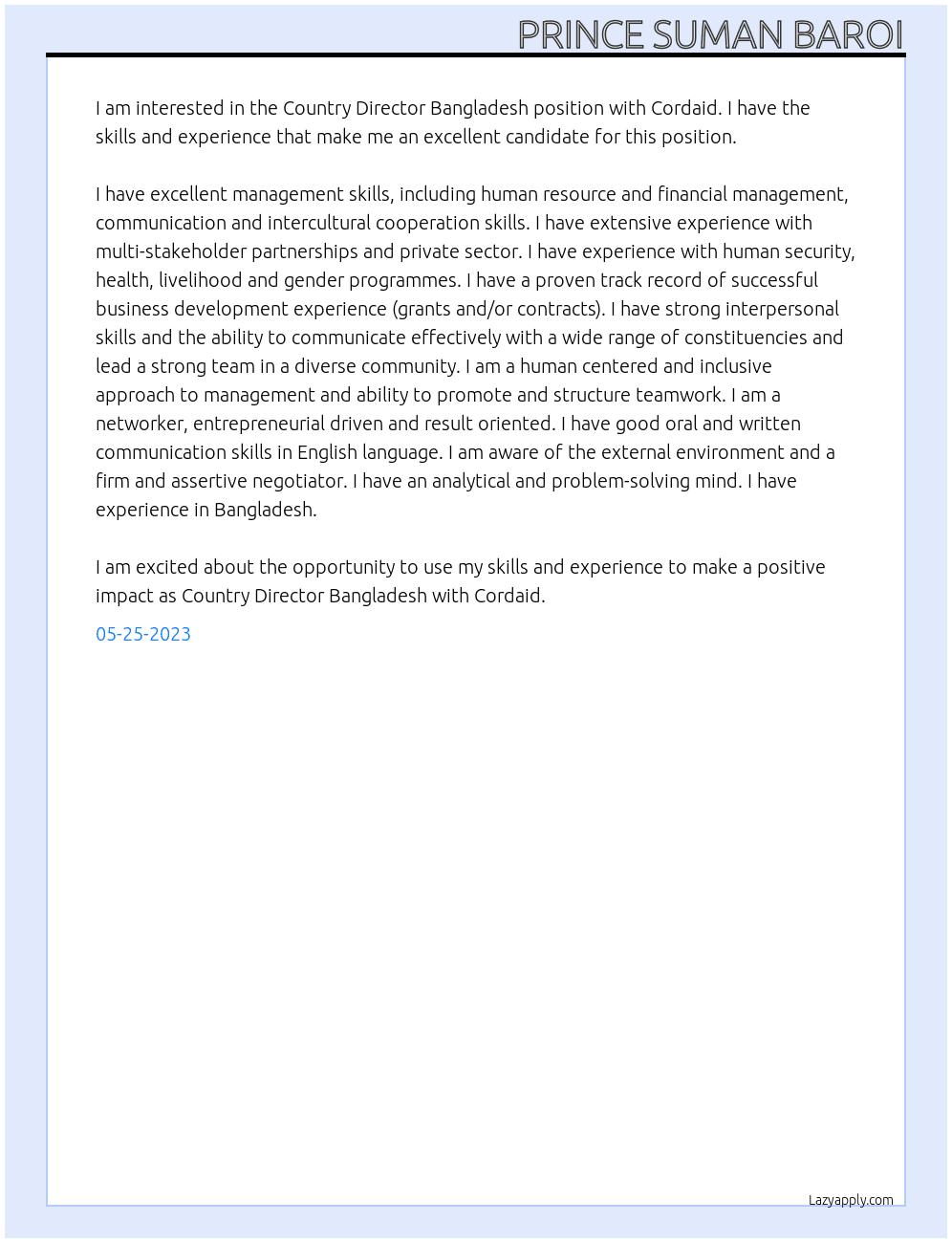Country Director Bangladesh At Cordaid Cover Letter