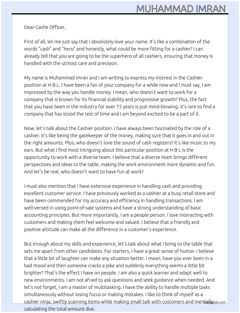 Cashier  At H B L Cover Letter