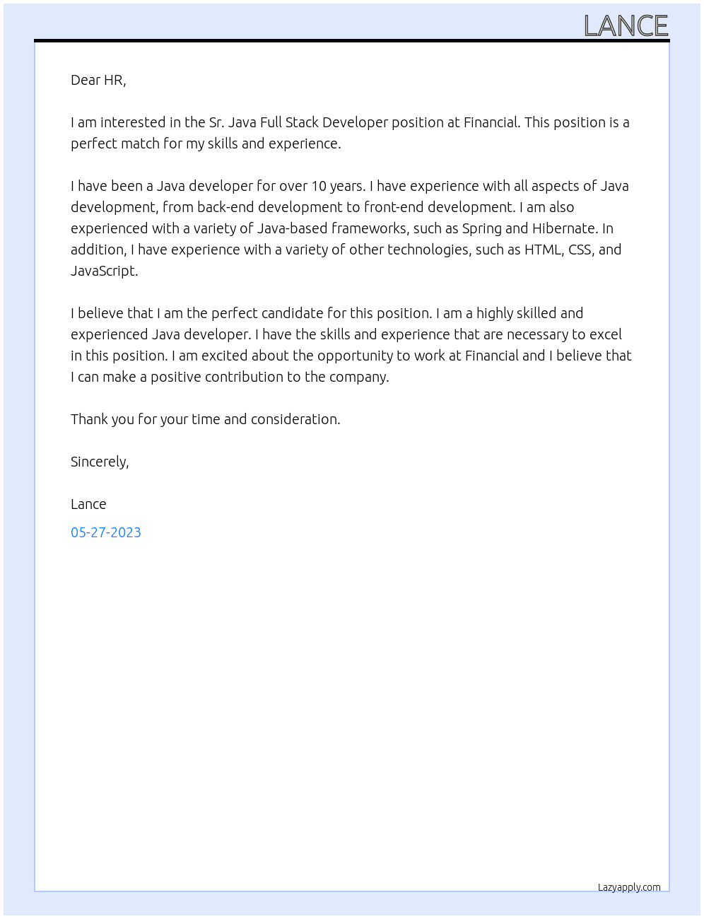 Sr. Java Full Stack Developer At Financial Cover Letter
