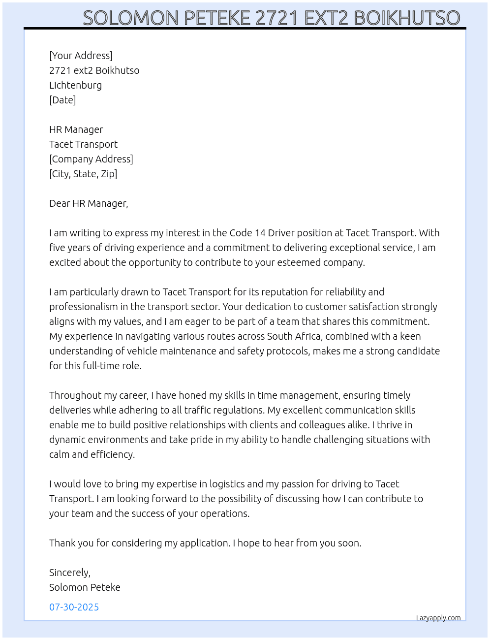 Code 14 driver At Tacet Transport  Cover Letter