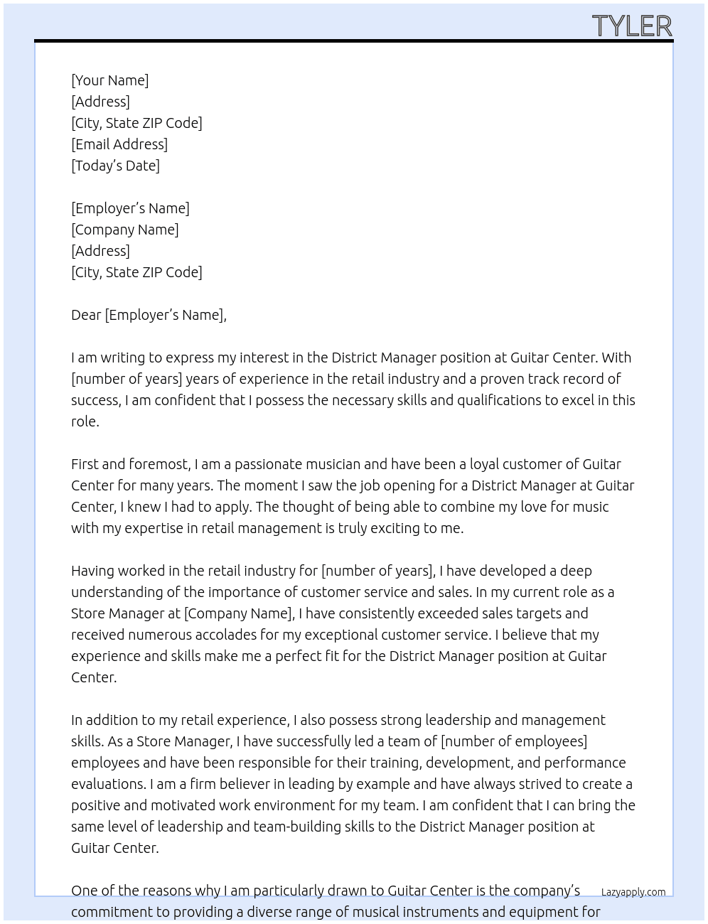 District manager At Guitar Center Cover Letter