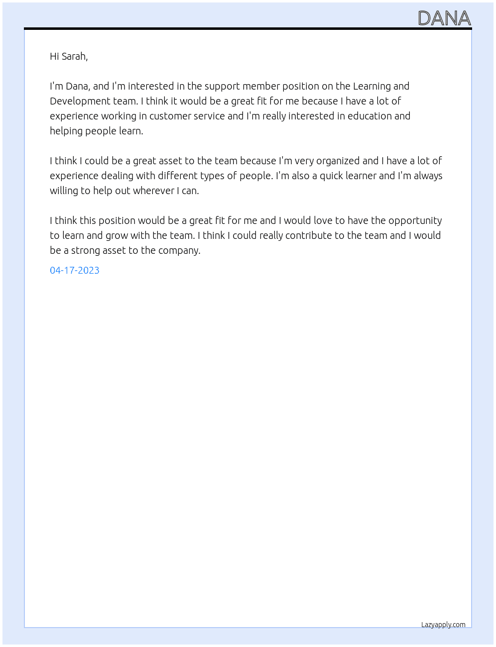 support member At Learning and Development team Cover Letter