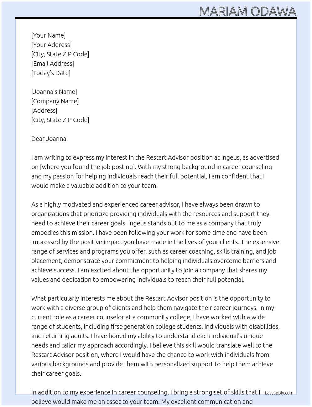 Restart Advisor At Ingeus Cover Letter