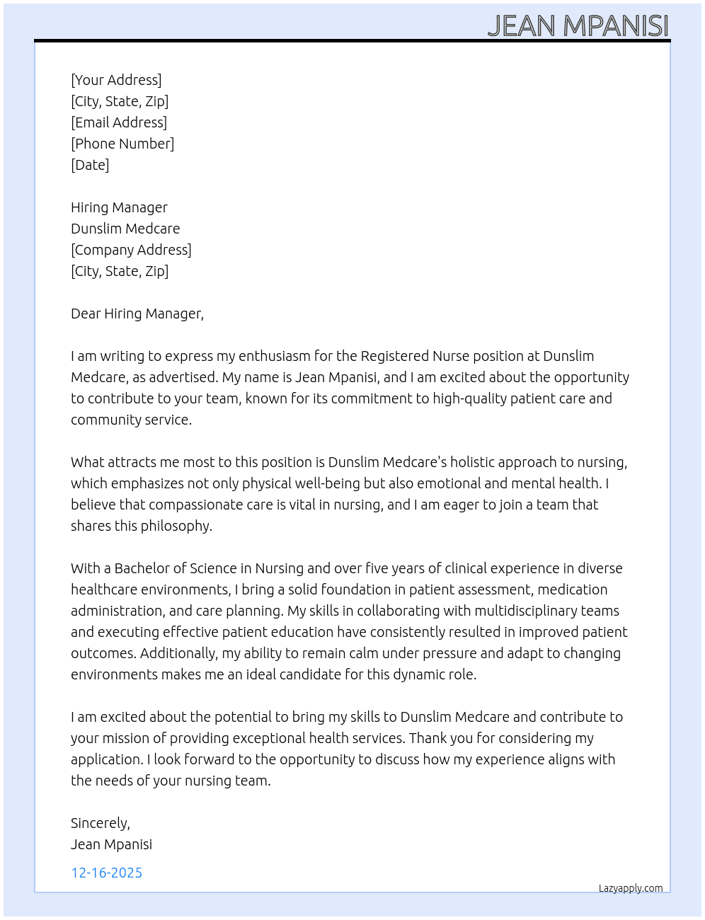 Registered nurse  At Dunslim medcare Cover Letter