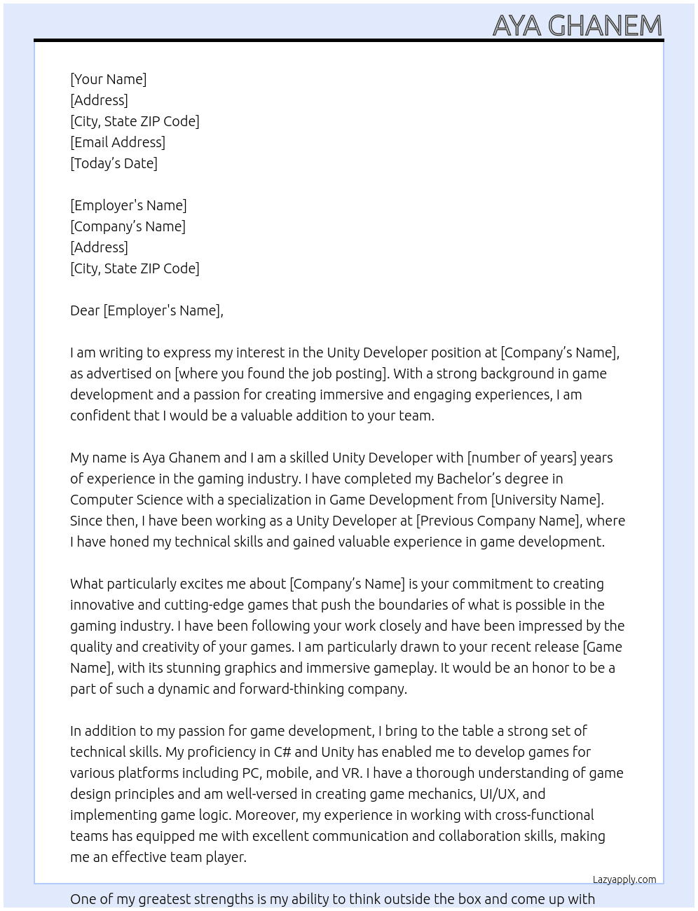 Unity Developer At Company's Name Cover Letter