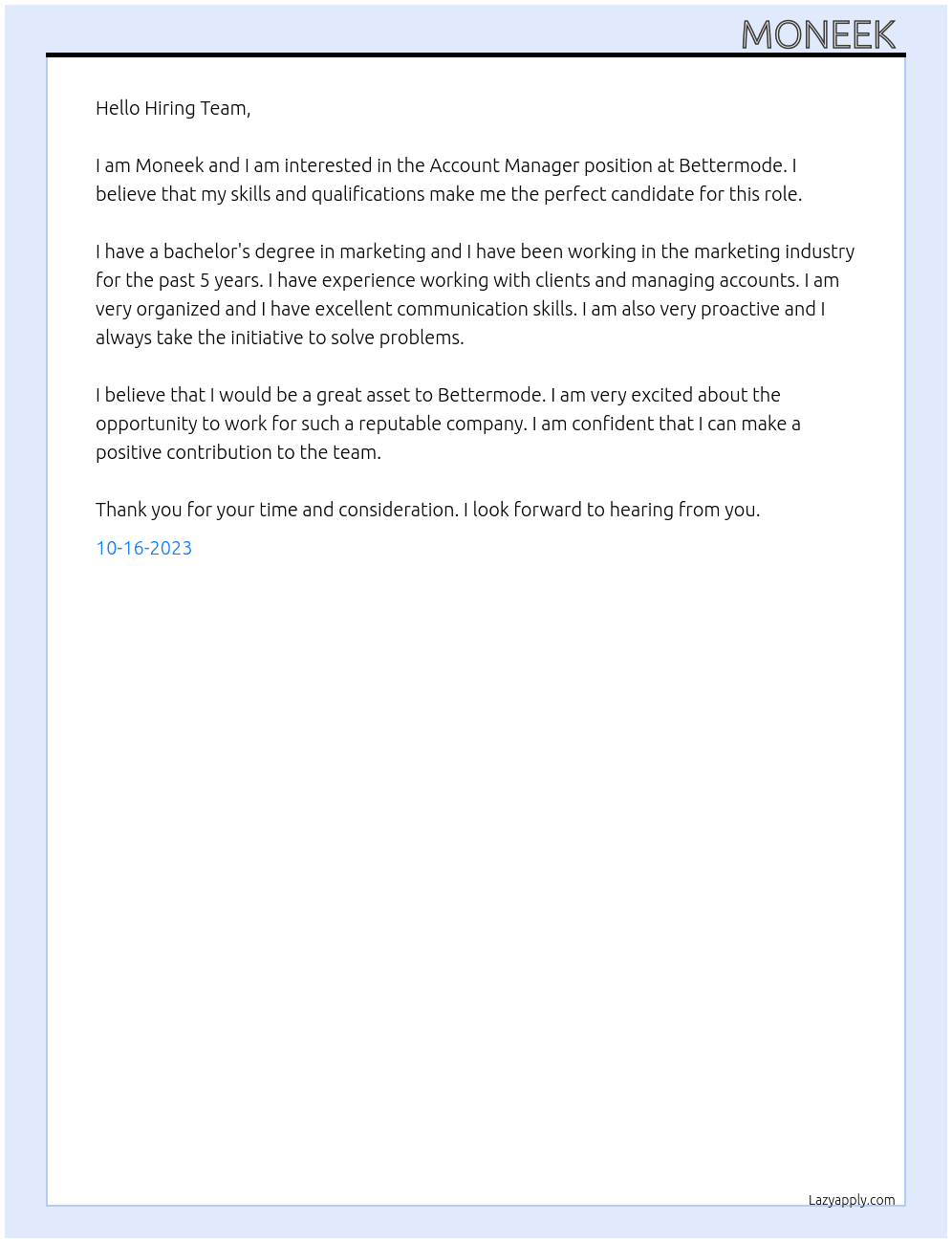 Account Manager At Bettermode Cover Letter