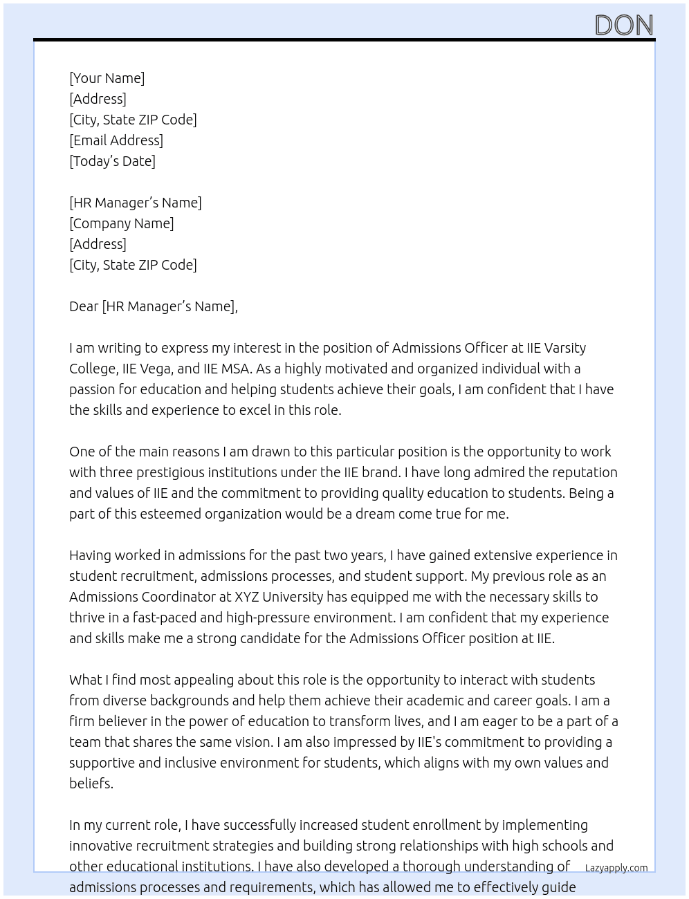 Admissions Officer At  IIE Varsity College , IIE Vega and IIE MSA Cover Letter