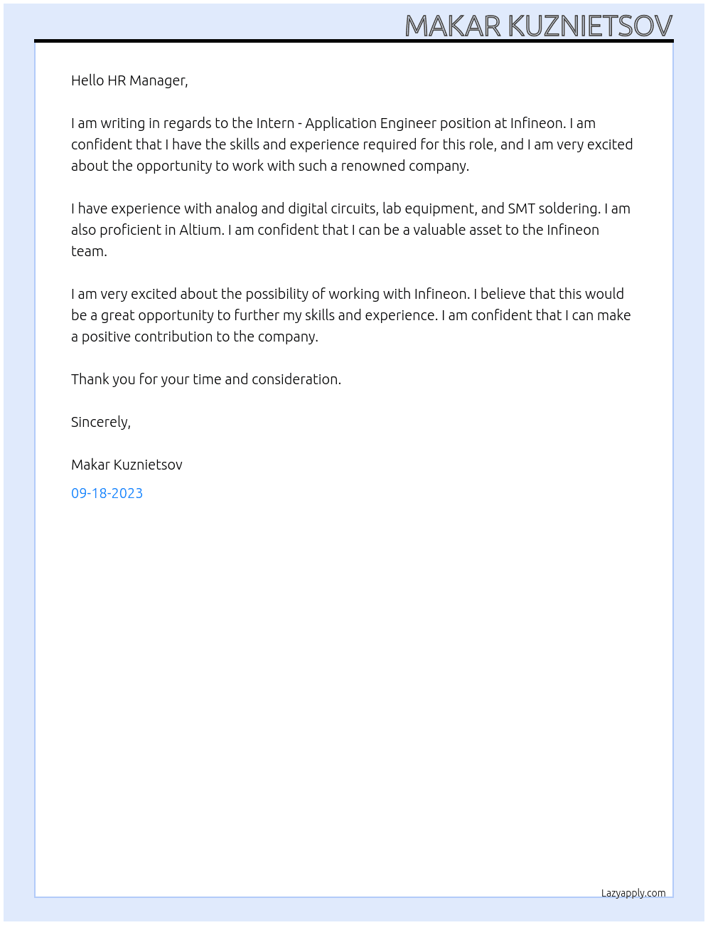  Intern - Application Engineer At Infineon Cover Letter