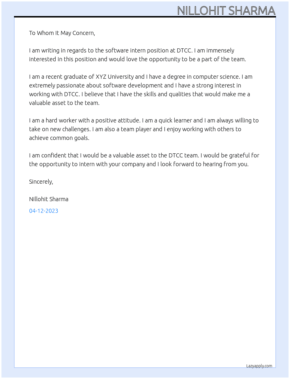 software Intern At DTCC Cover Letter