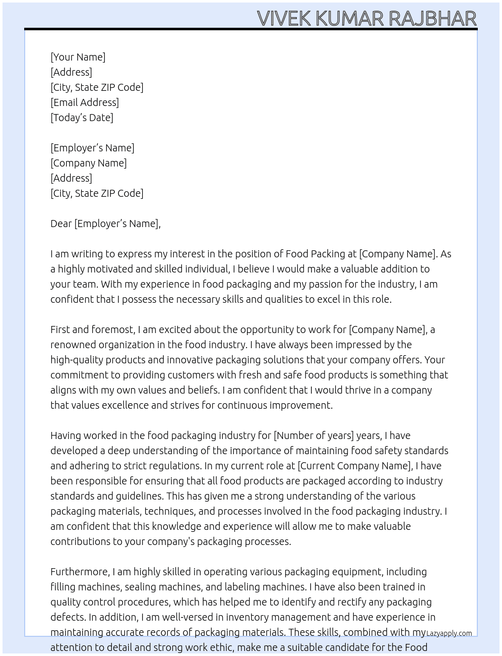 Food Packing At Food Packing Cover Letter