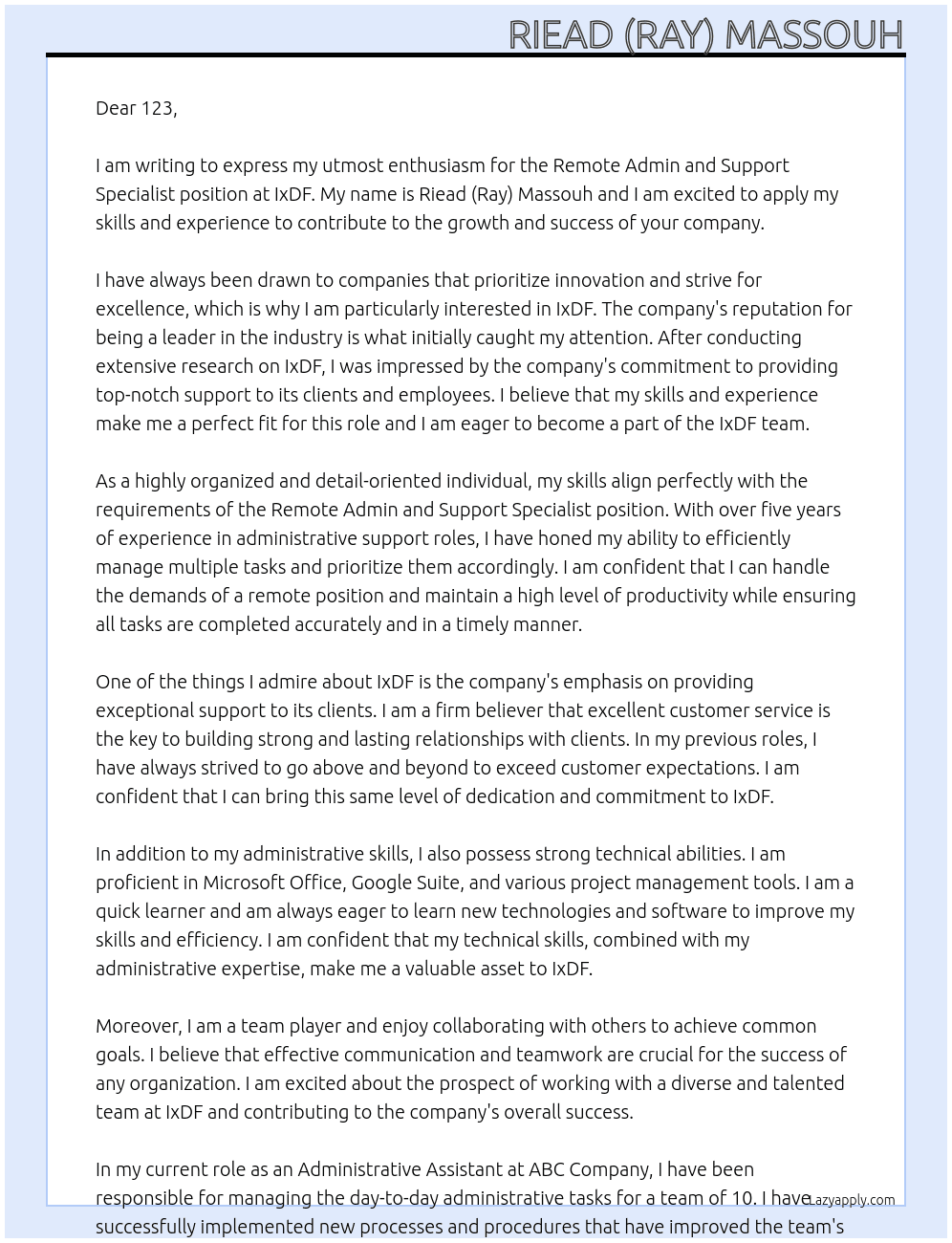 Remote Admin and Support Specialist At IxDF Cover Letter