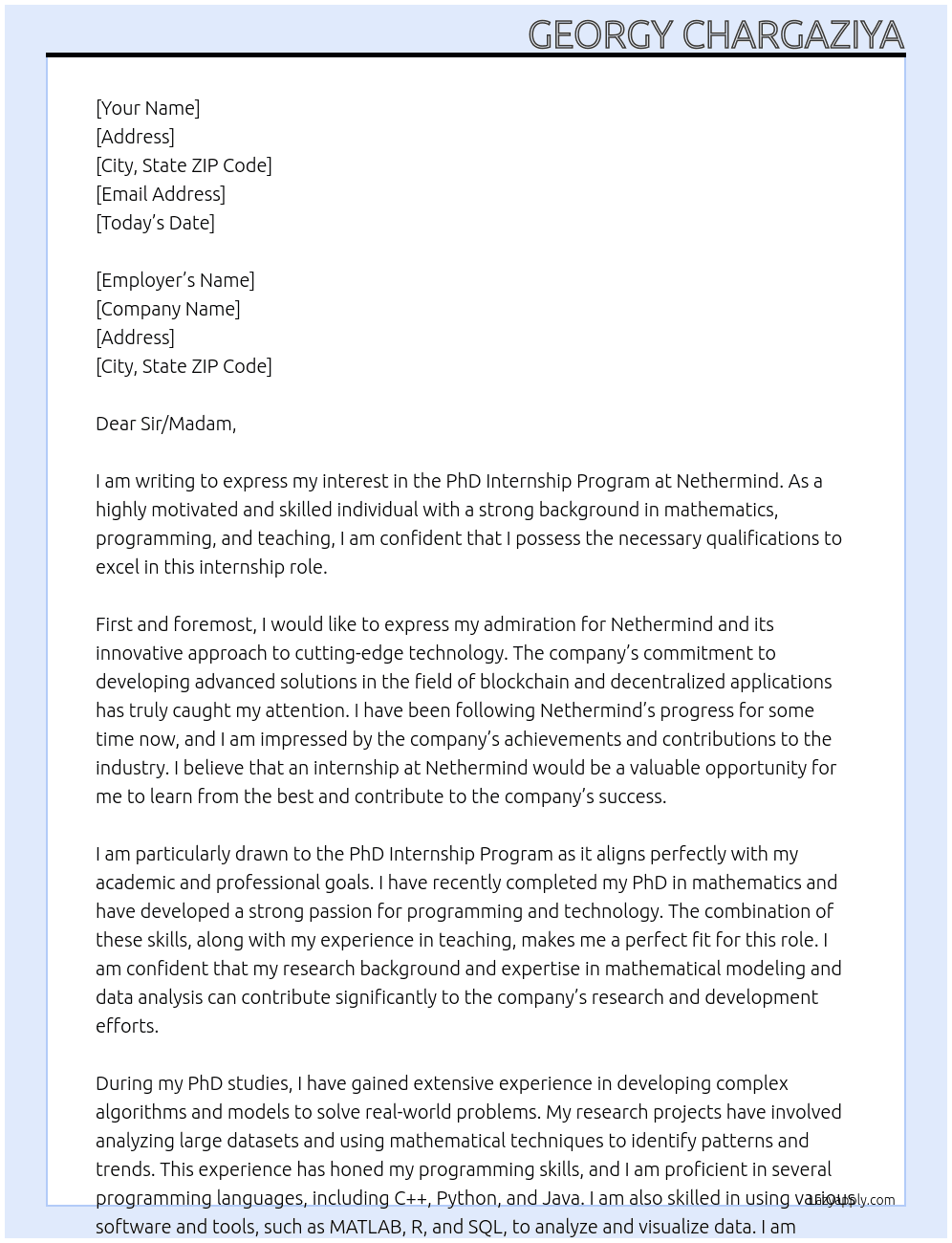 PhD Internship Program At Nethermind Cover Letter