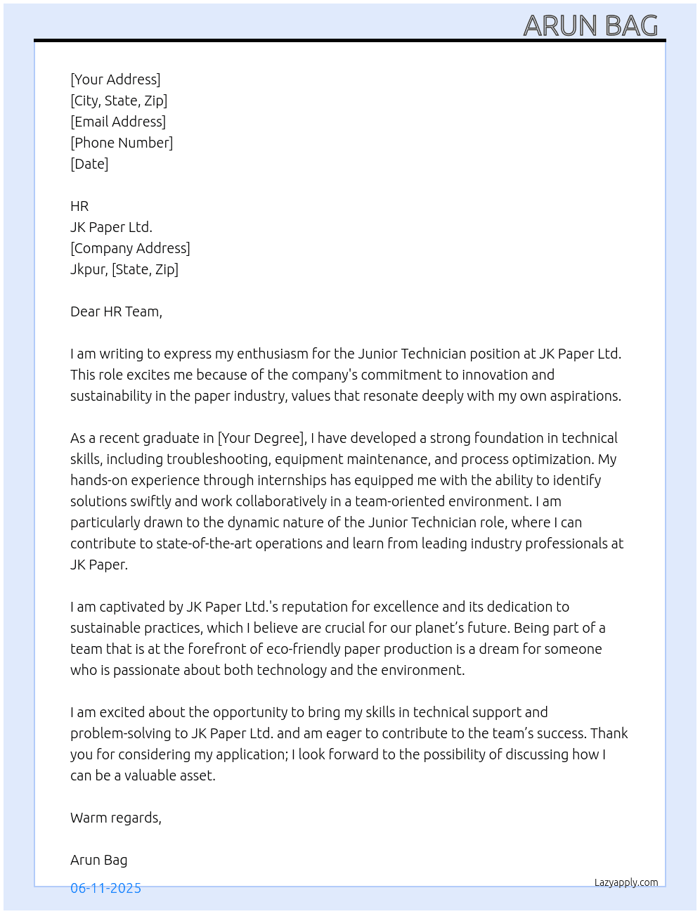 Junior technician  At JK Paper Ltdt Cover Letter