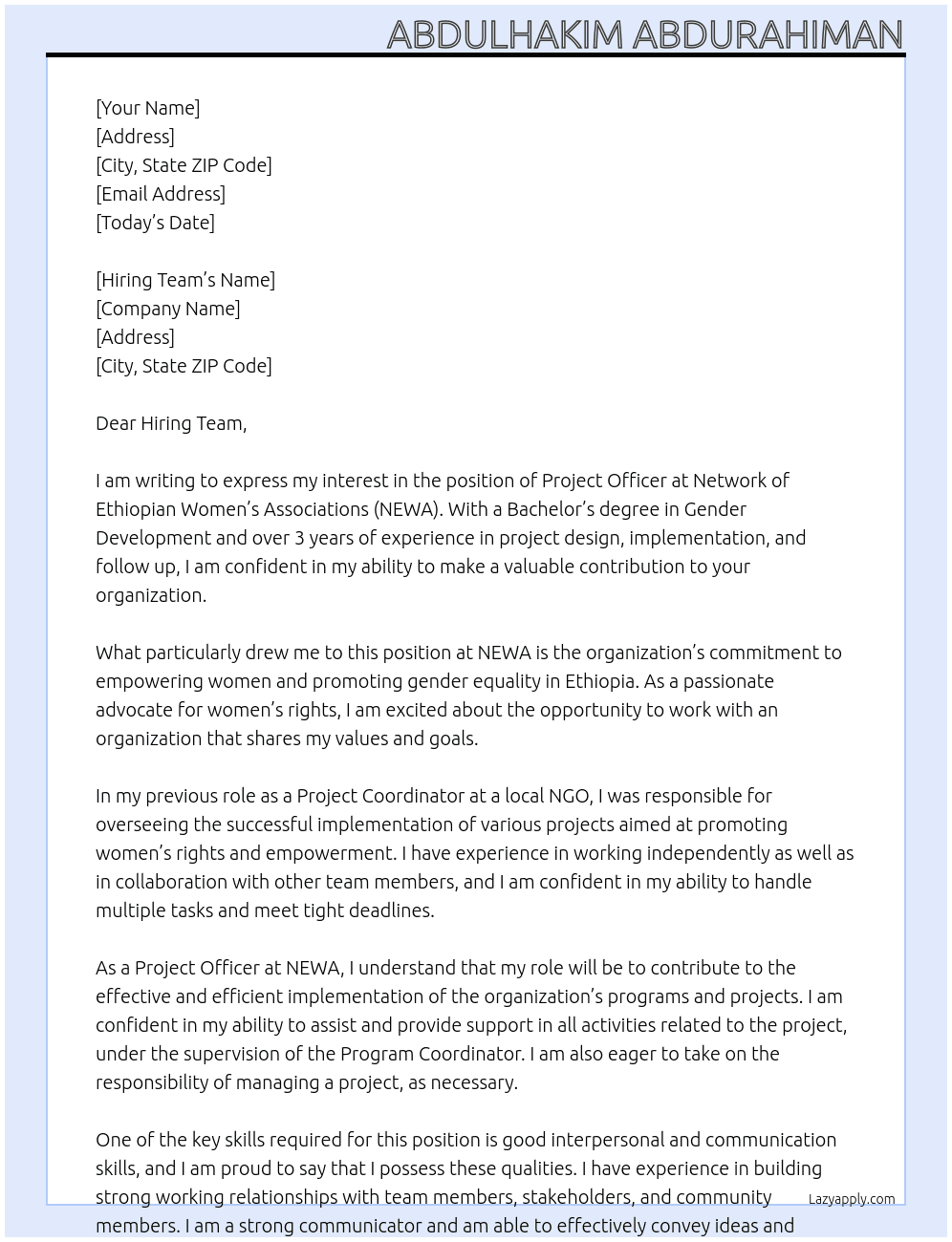 Project Officer At Network of Ethiopian Women’s Associations (NEWA) Cover Letter