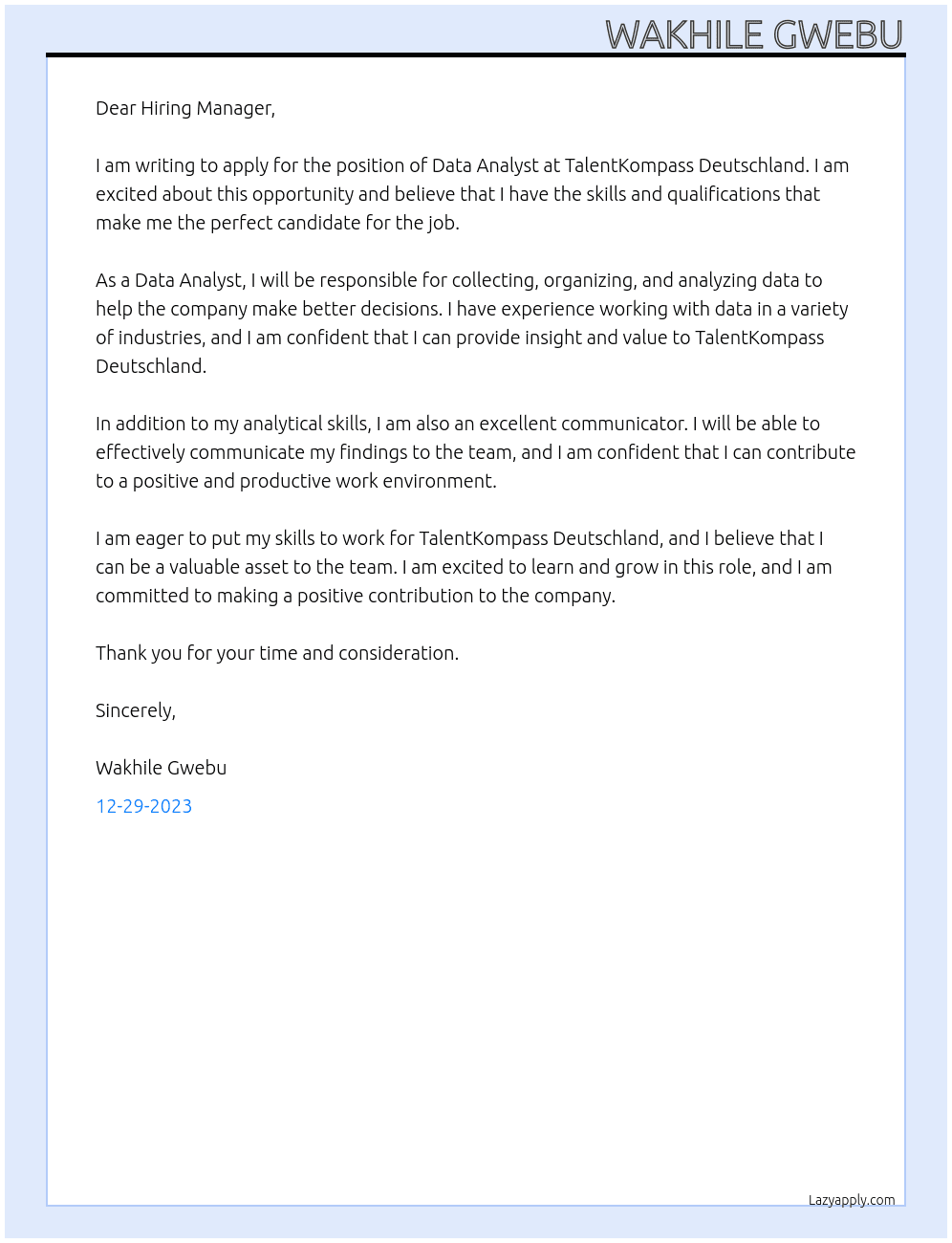 Data Analyst At TalentKompass Deutschland Cover Letter