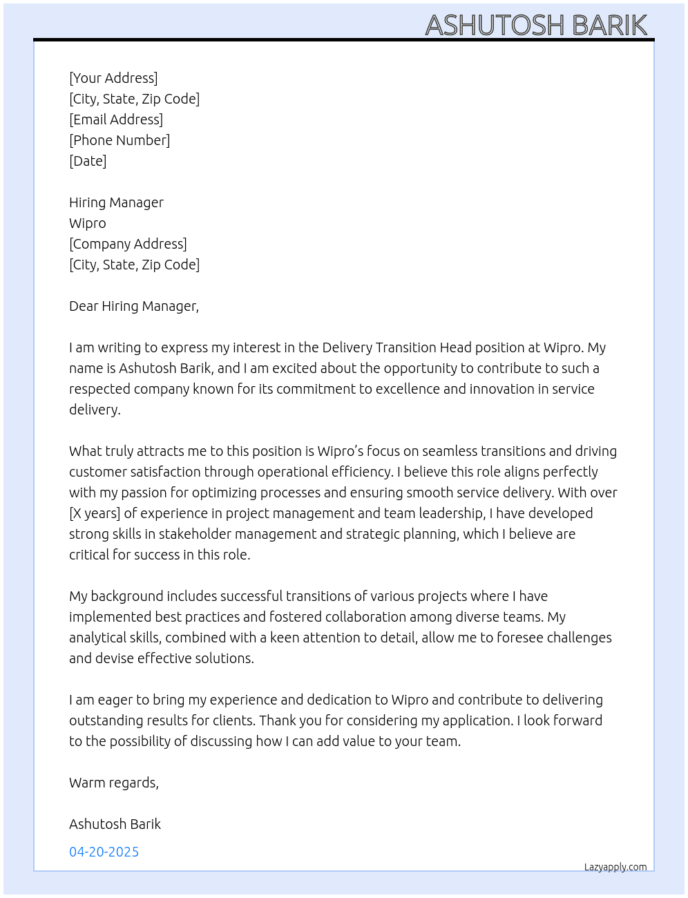 Cover letter for delivery transition head - LazyApply