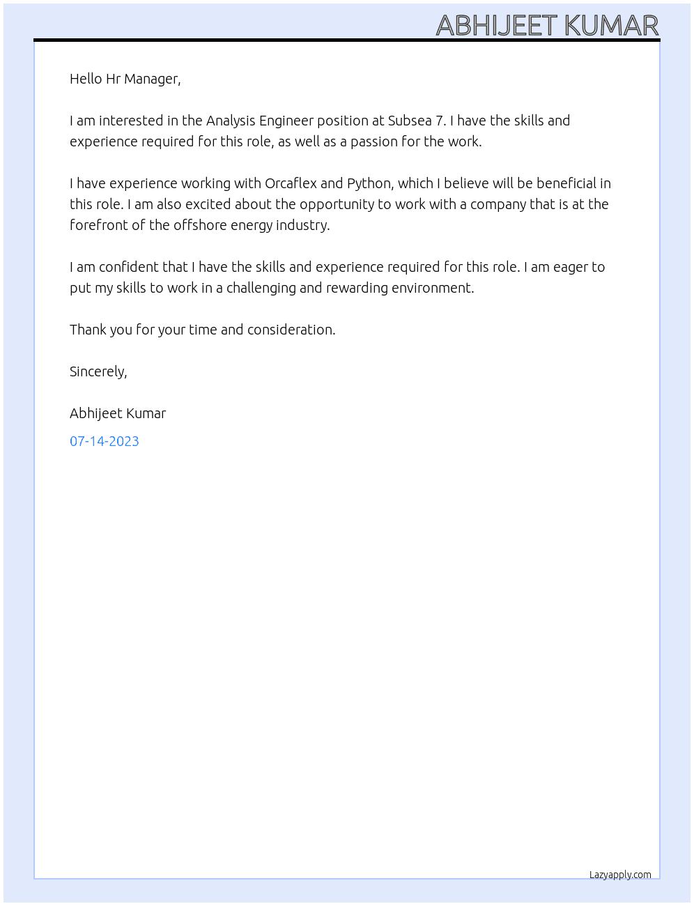 Analysis Engineer At Subsea 7 Cover Letter