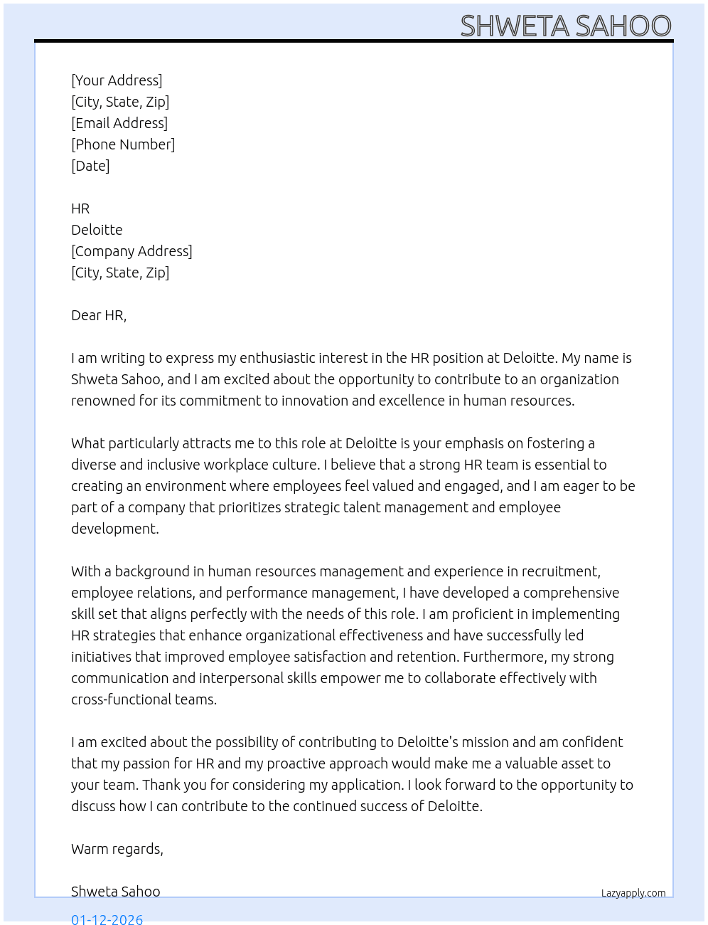 HR position At Delloite Cover Letter