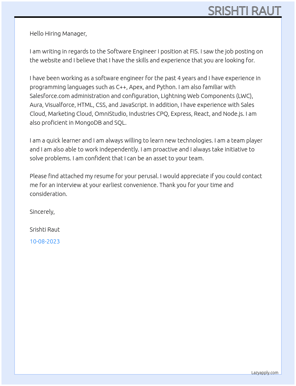Software Engineer I At FIS Cover Letter