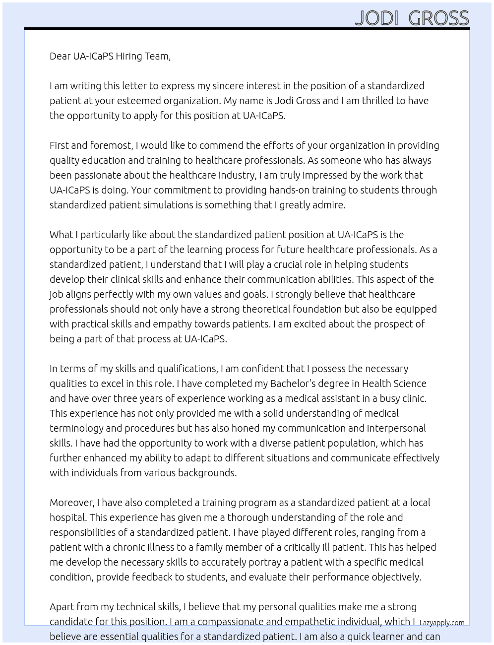 standardized patient At UA- ICaPS Cover Letter