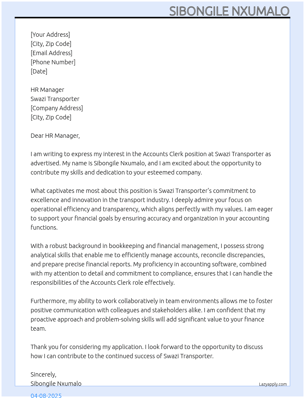 Accounts clerk  At Swazi transporter  Cover Letter
