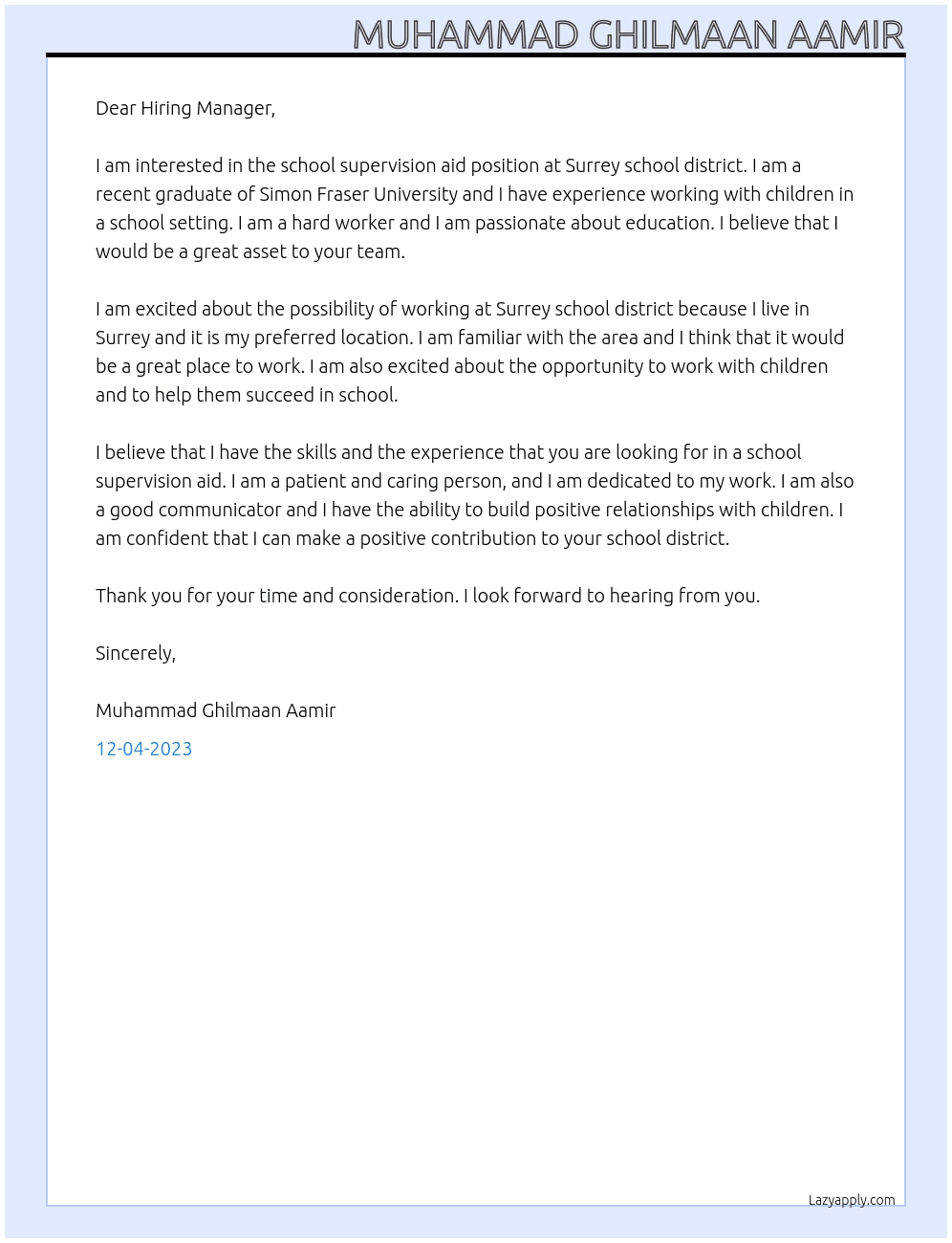 School supervision aid At Surrey school district Cover Letter
