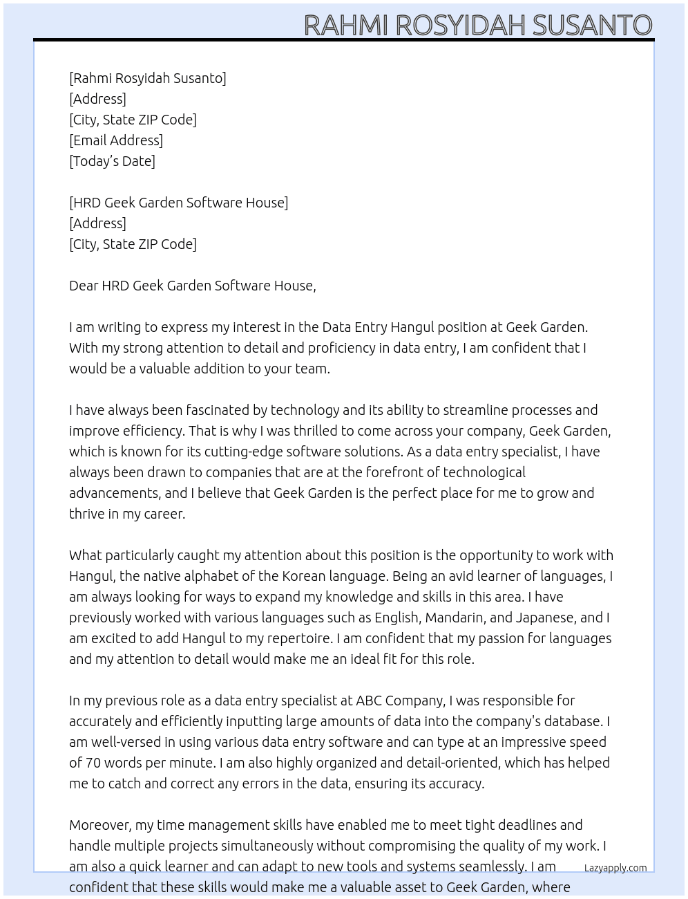Data Entry Hangul At Geek Garden Cover Letter