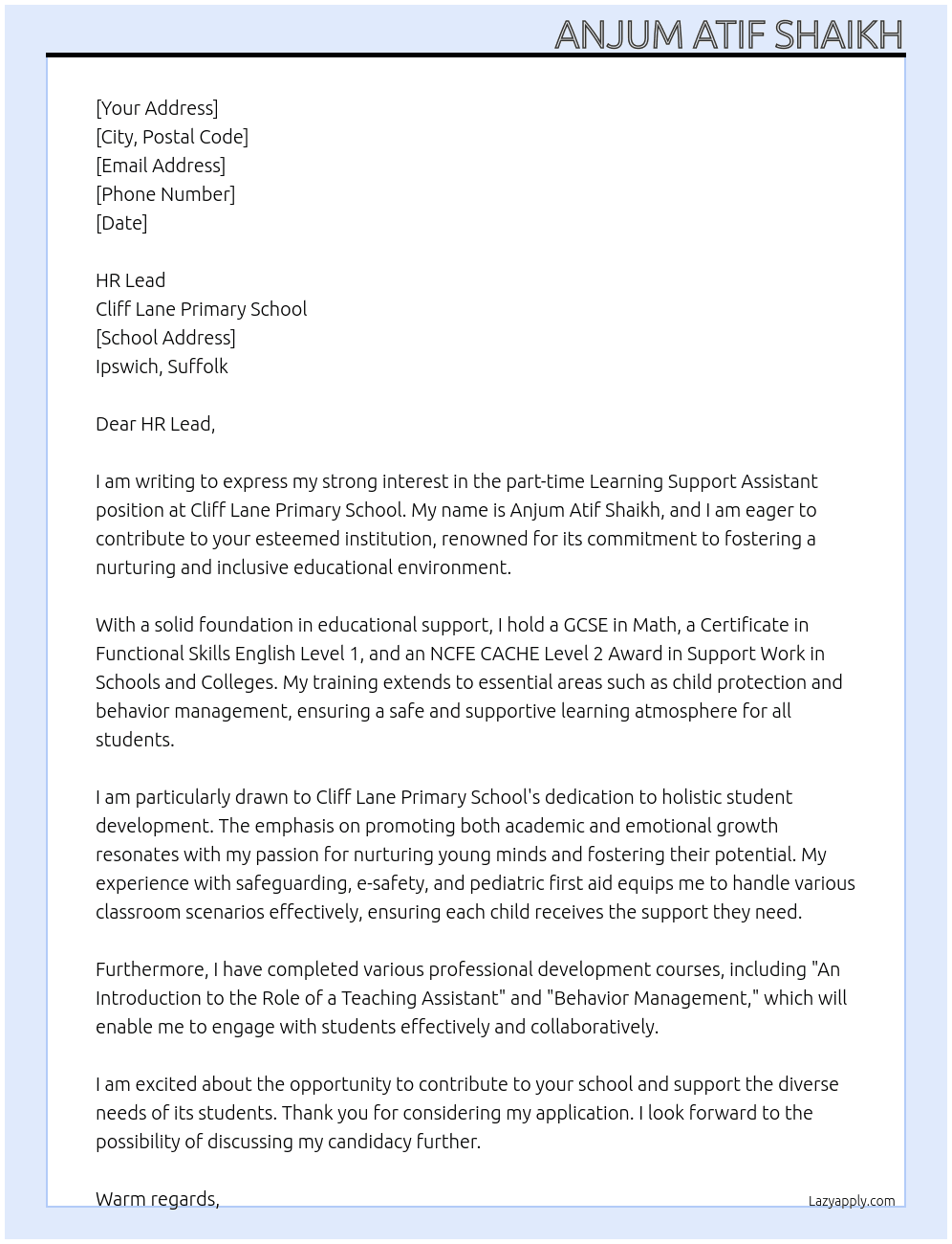 Learning support assistant At Cliff lane primary school Cover Letter
